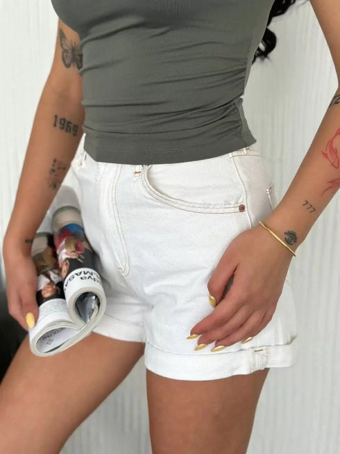 Osy Modal Yumuşak Dokulu Kumaş Bisiklet Yaka Kadın Sıfır Kol Bluz Omuz Toka Aksesuar Detaylı - Haki