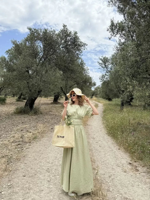 Kadın Keten Kısa Kollu uzun Elbise - Mint Yeşili