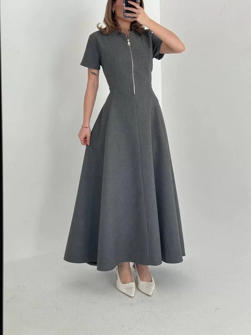 Kısa Kollu Önden Fermuarlı Çan Etekli Uzun Elbise - Antrasit