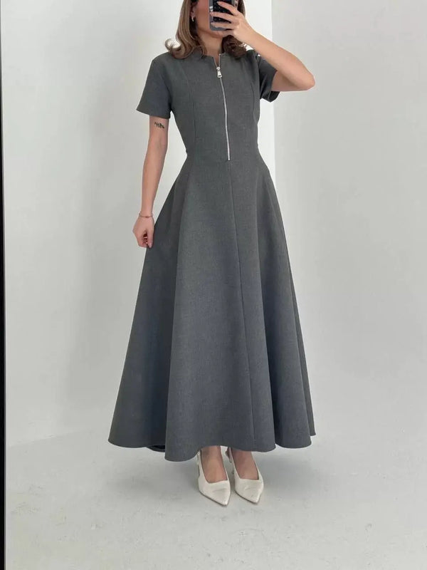 Kısa Kollu Önden Fermuarlı Çan Etekli Uzun Elbise - Antrasit