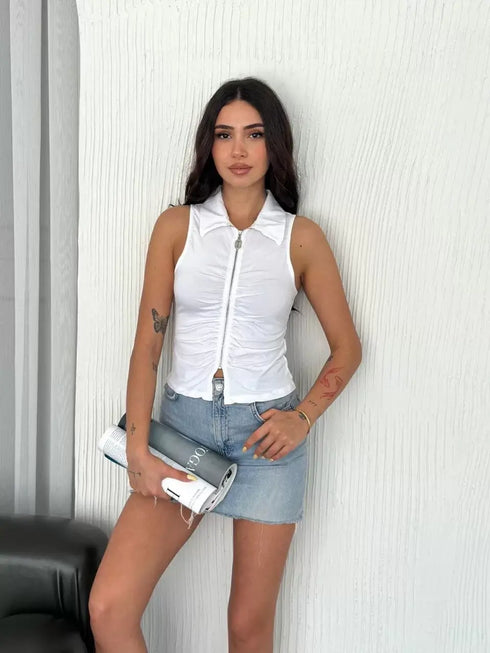 Yakalı Tam Fermuarlı Kolsuz Bluz - Beyaz