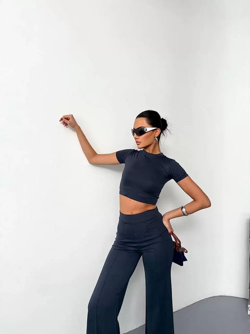 Osy Modal Yumuşak Dokulu Kumaş Kısa Kollu Crop Alt ispanyol Paça Pantalon ikili Takım - Füme