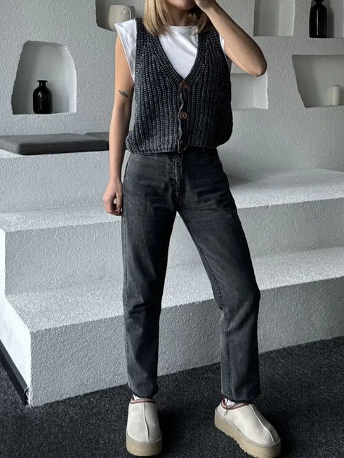 Triko Kolsuz Düğmeli Yelek - Siyah