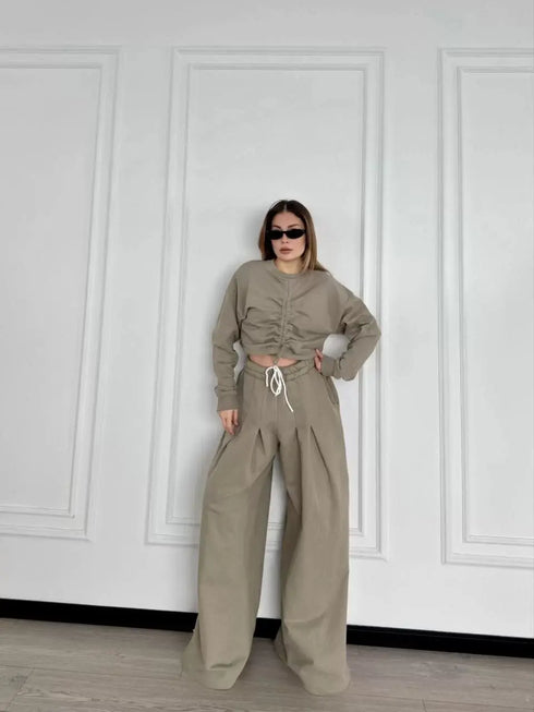 Uzun Kollu Önü İp Büzgülü Crop ve Pantolon İkili Takım - Haki