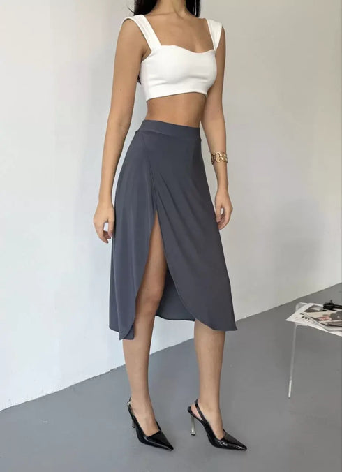 Çepli Şortlu Yırtmaçlı Etek - Gri