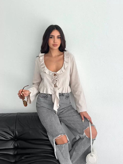 Keten Uzun Kol Bağacık Detaylı Bluz - Bej