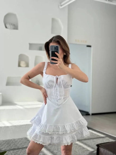 Fırfırlı Askılı Mini Elbise - Beyaz