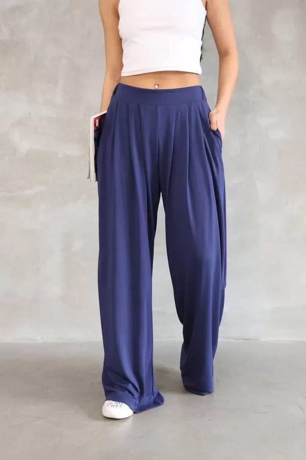 Osy Modal Yumuşak Dokulu Kadın Kumaş Boru Paça Salaş Eşofman - Lacivert