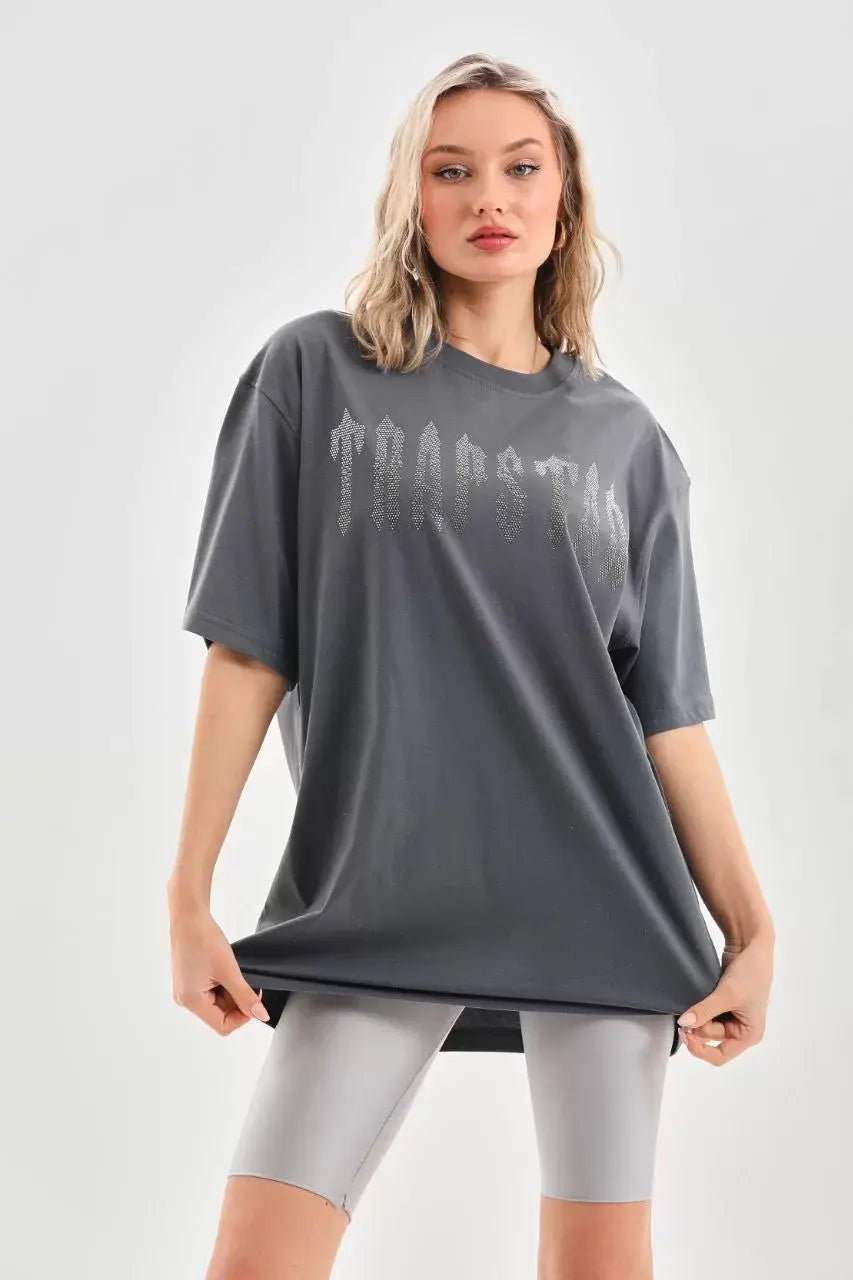 Unisex Taş Desenli Oversize T-Shirt - Füme