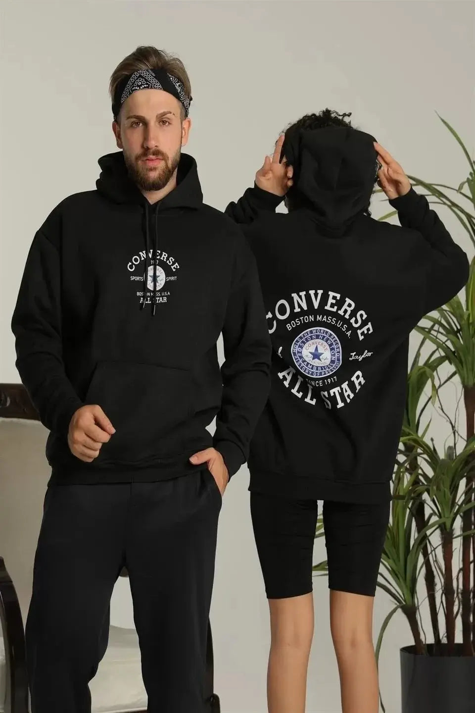 Erkek Sırt Baskılı Oversize Üç İplik Kapüşonlu Hoodie Sweatshirt - Siyah