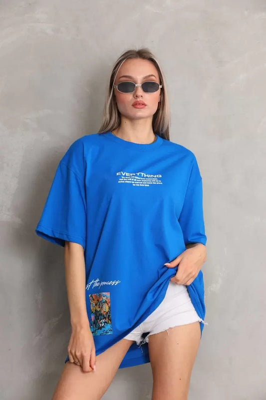 Unisex Bisiklet Yaka Baskılı Oversize T-Shirt - Mavi