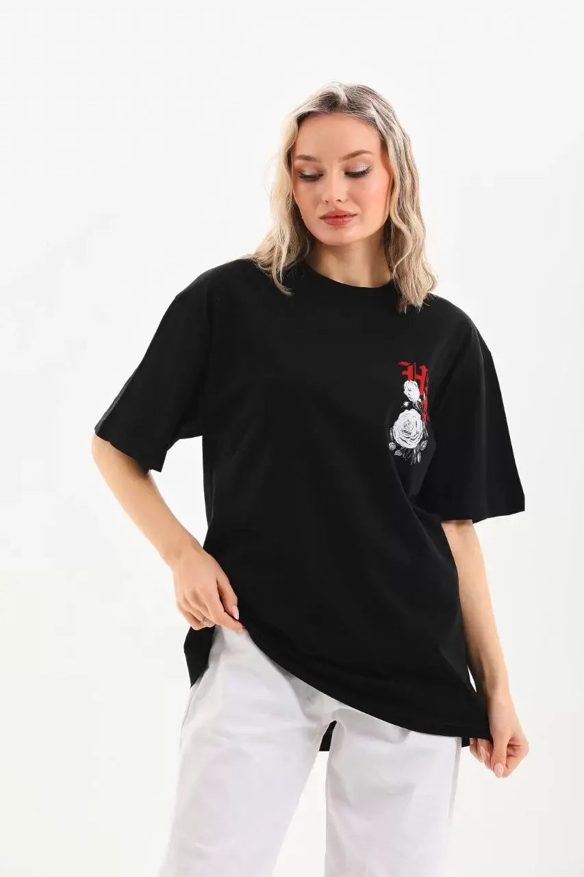 Unisex Baskılı Oversize T-Shirt - Siyah