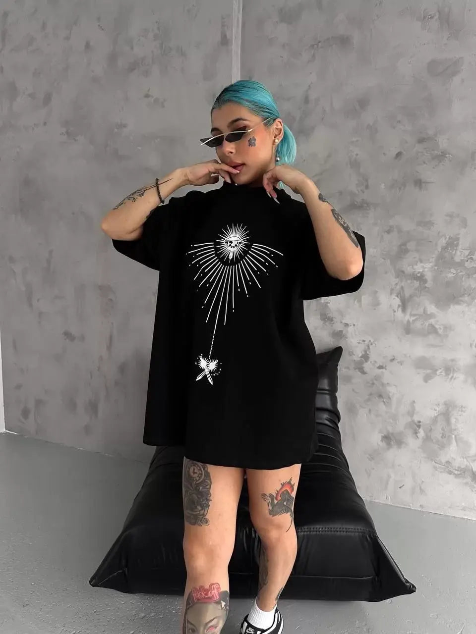 Unisex Bisiklet Yaka Baskılı Oversize T-Shirt - Siyah