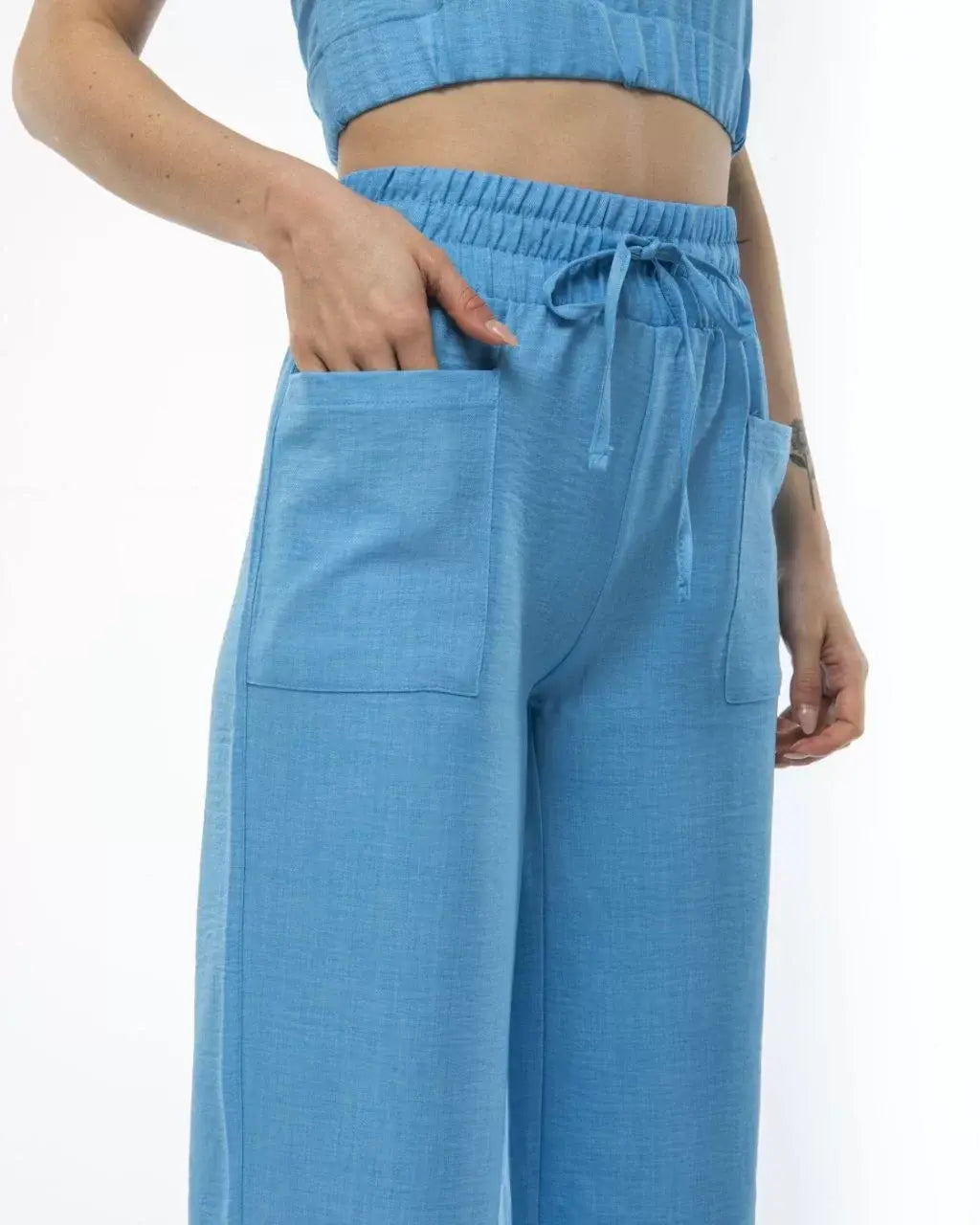 Kadin Keten Pantalon ve Crop Takım - Mavi