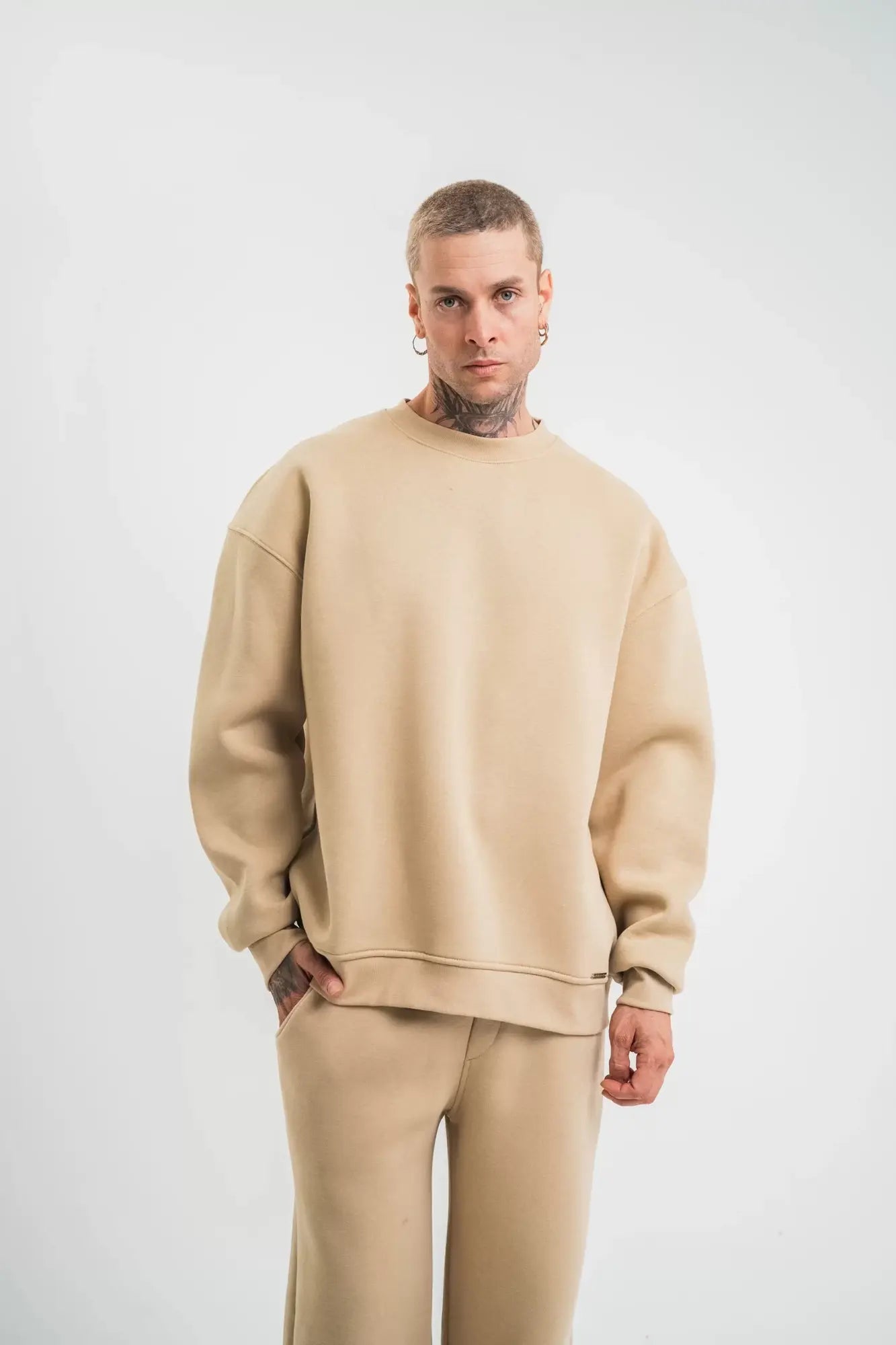 Uzun Kol Bisiklet Yaka Basic SweatShirt - Bej