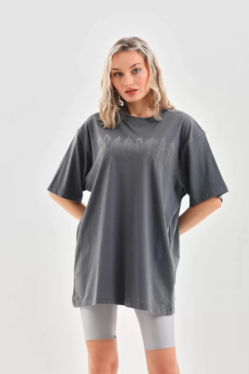 Unisex Taş Desenli Oversize T-Shirt - Füme