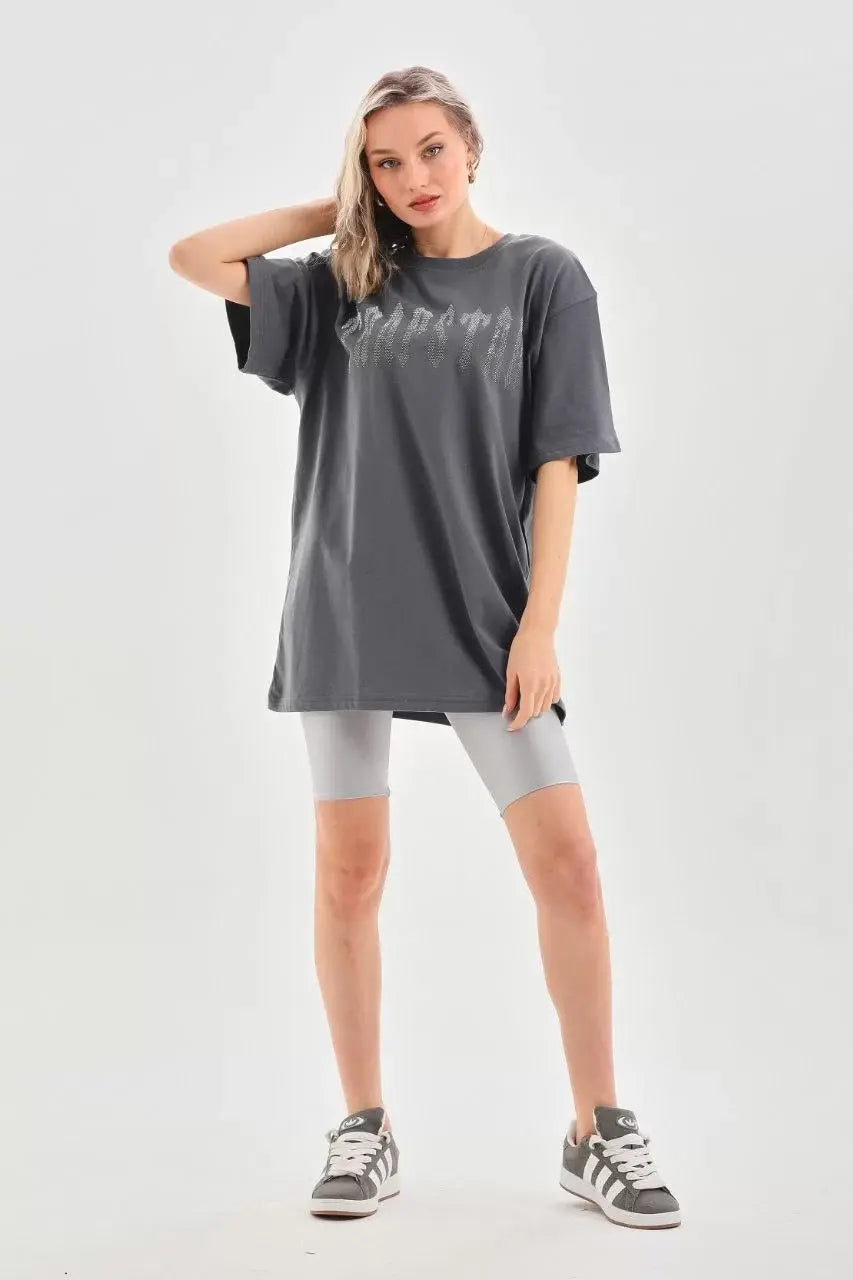 Unisex Taş Desenli Oversize T-Shirt - Füme