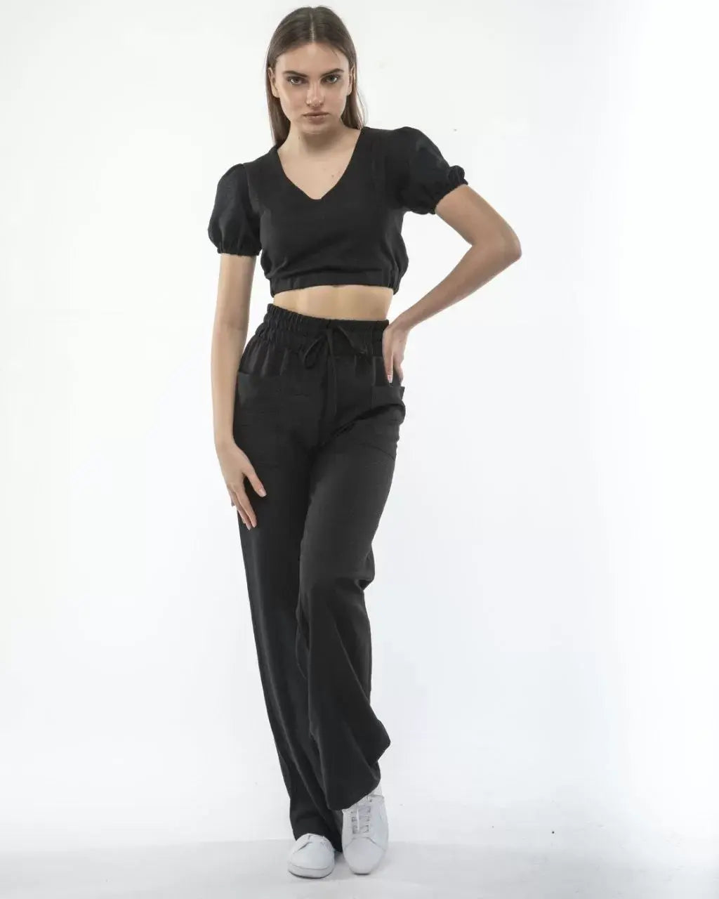 Kadin Keten Pantalon ve Crop Takım - Siyah