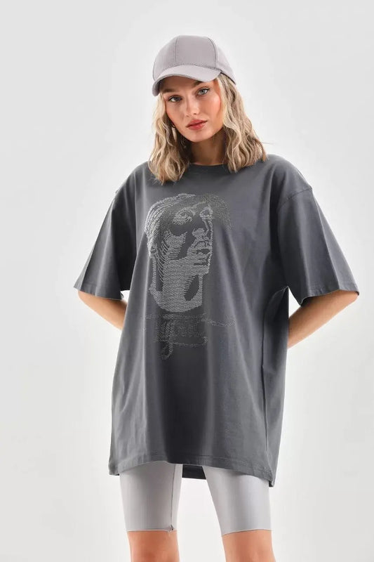 Unisex Taş Desenli Oversize T-Shirt - Füme