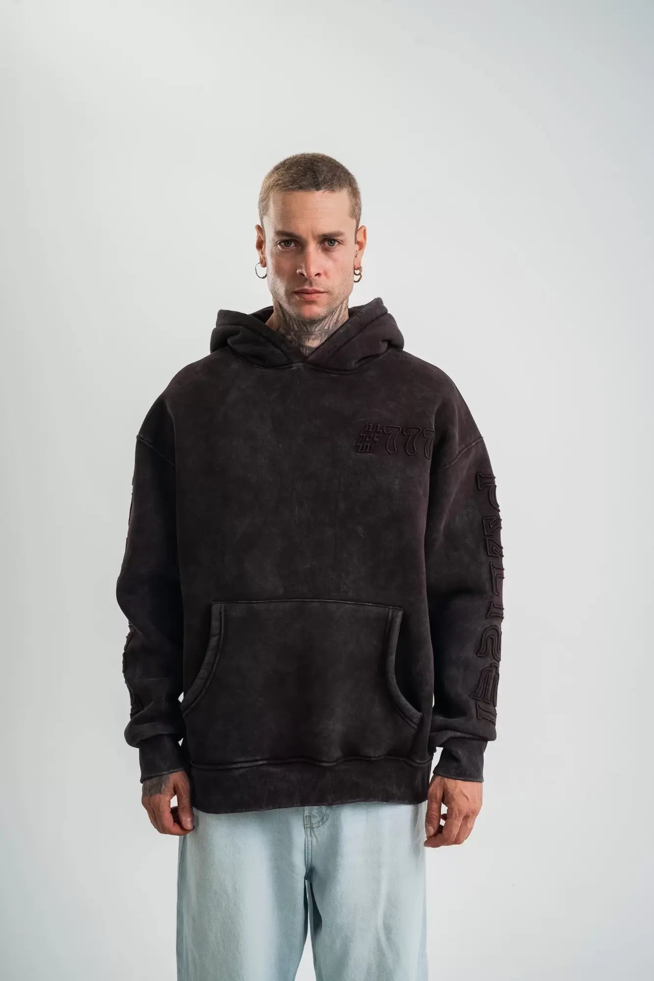 Kapşonlu Double Oversize Yıkamalı Evalı Nakışlı SweatShirt - Kahve