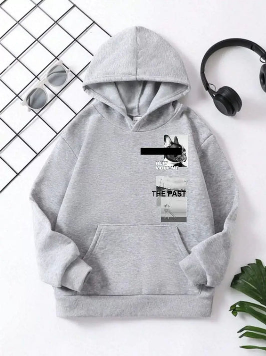 Çocuk Unisex Kapüşonlu NEW MOMENT Baskılı Pamuklu Sweatshirt - Gri