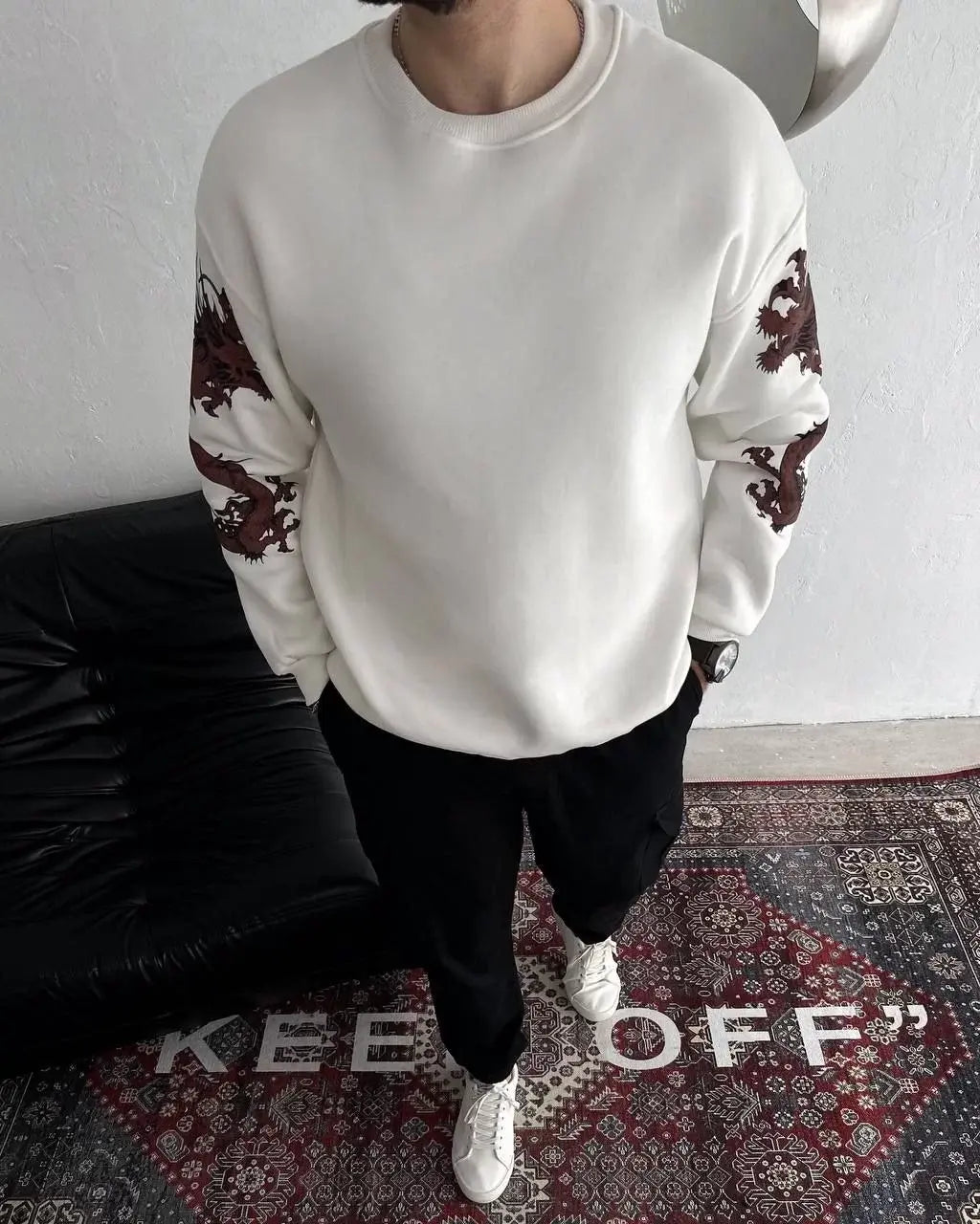 Kışlık Bisiklet Yaka Baskılı SweatShirt - Beyaz