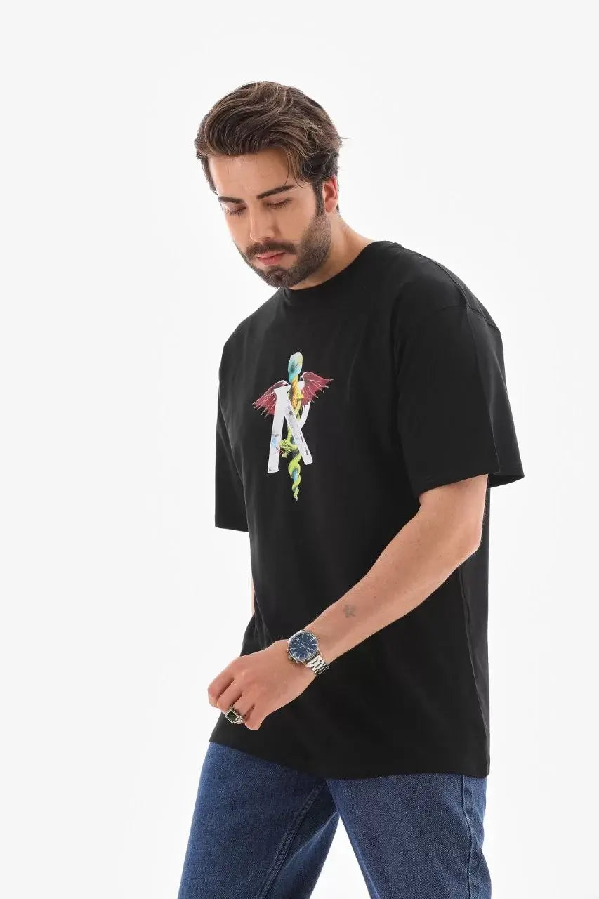 Unisex Bisiklet Yaka Baskılı Oversize T-Shirt - Siyah