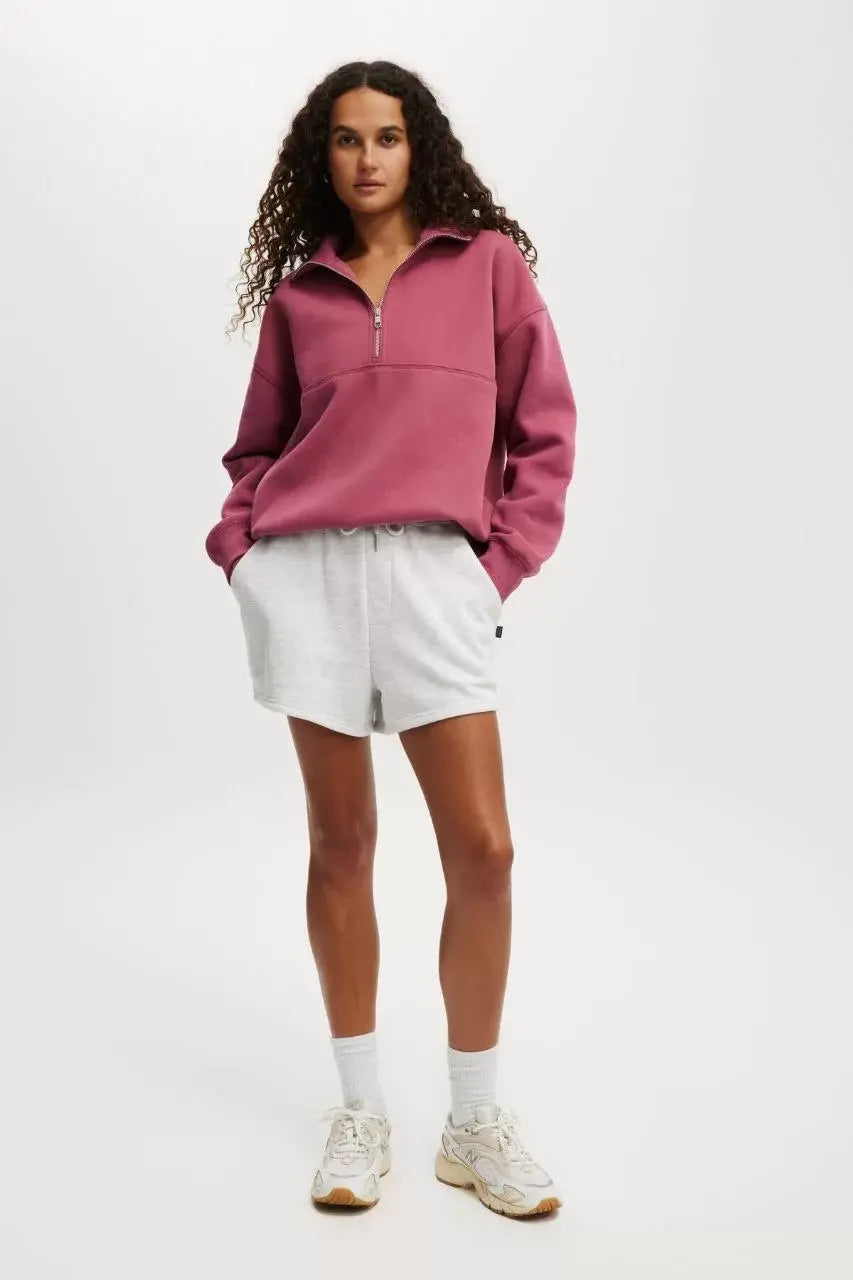 Oversize Yarım Farmuarlı Yakalı Basic SweatShirt - Gül Kurusu