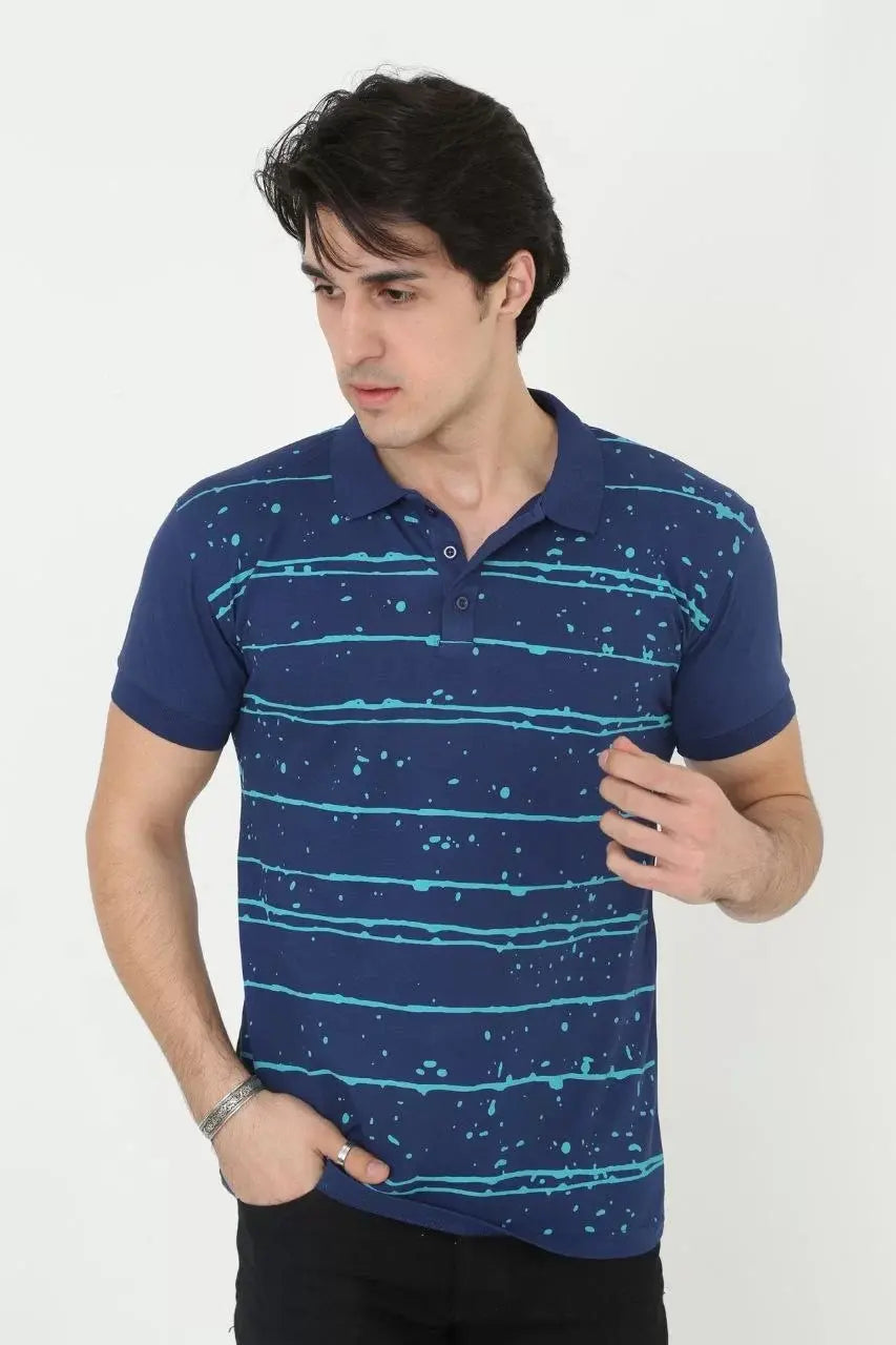 Erkek Yakalı Slim Fit Pike Çizgili T-Shirt - Mavi