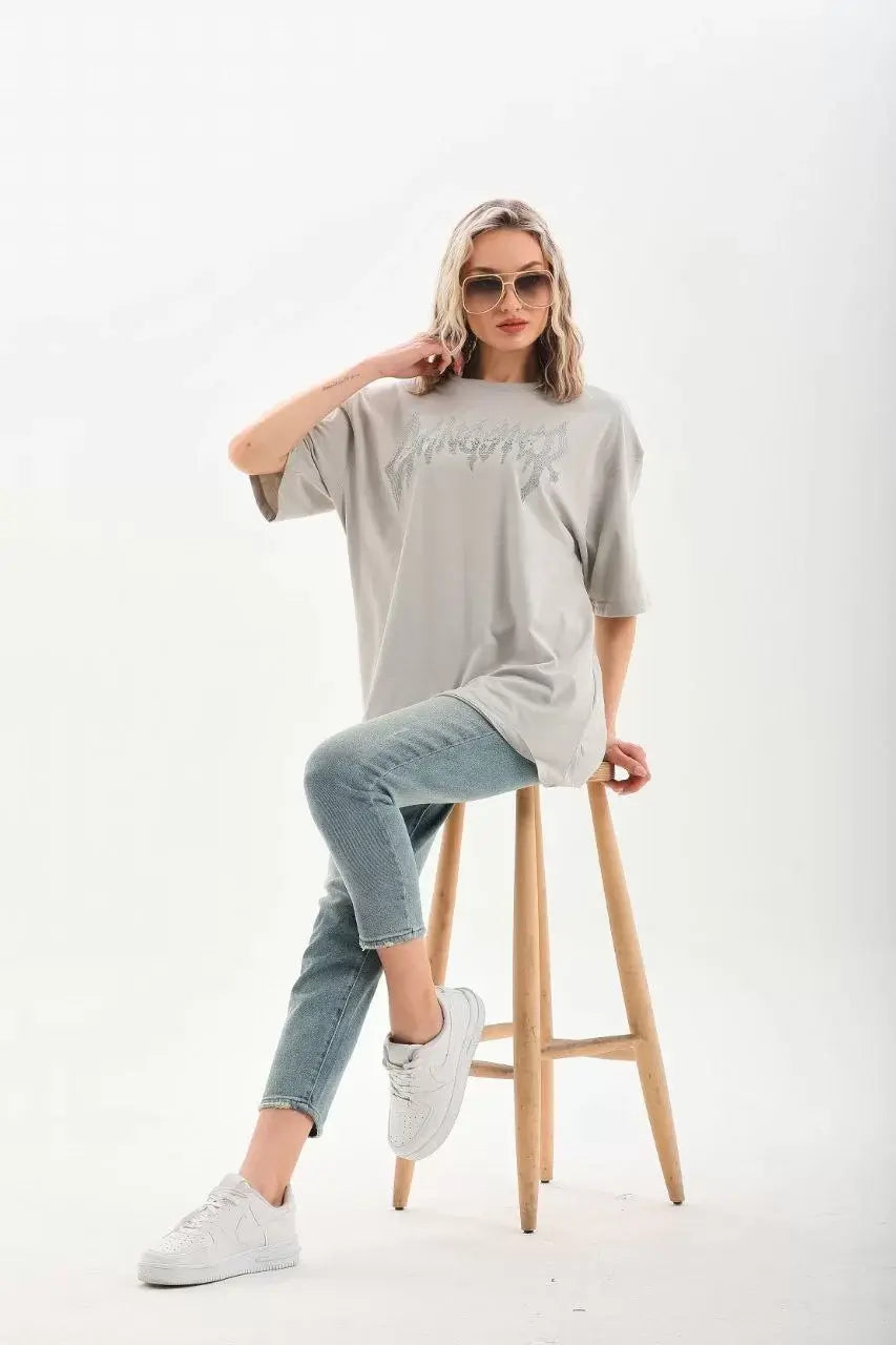 Unisex Taş Desenli Oversize T-Shirt - Gri