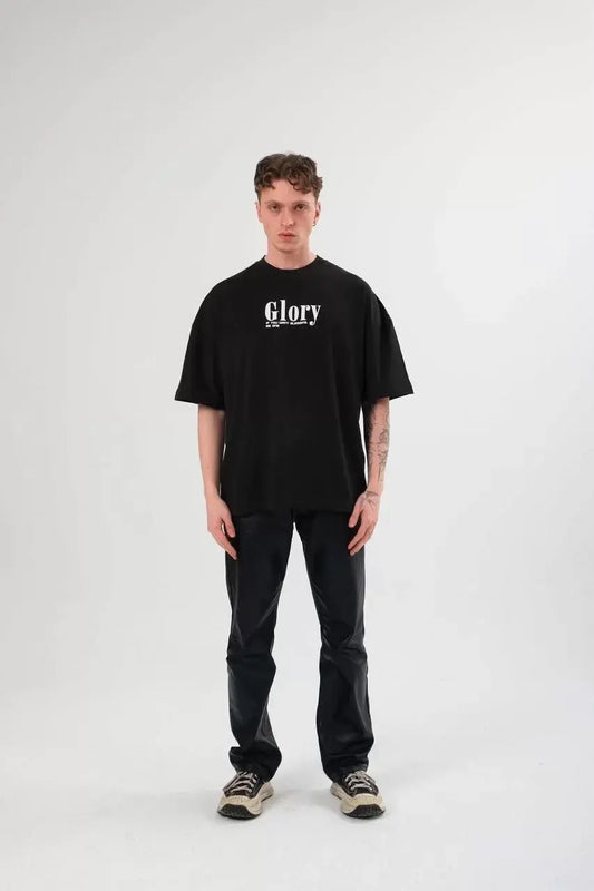 Unisex Bisiklet Yaka Baskılı Oversize T-Shirt - Siyah