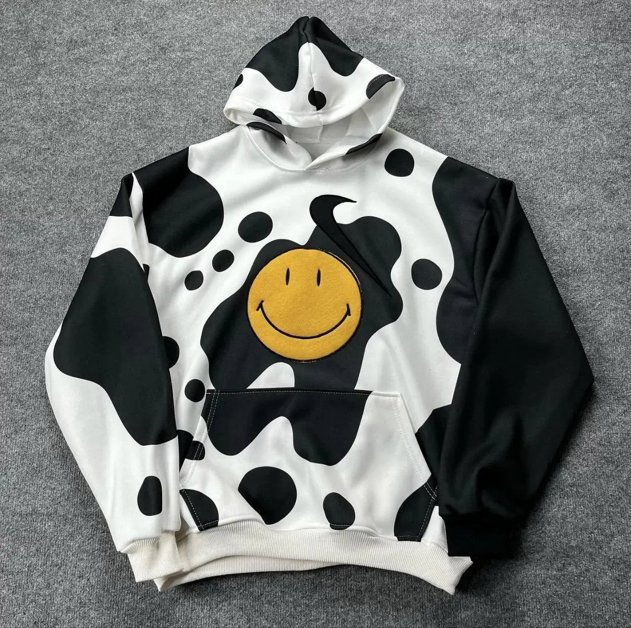 Erkek Smiley Face Kapüşonlu Sweatshirt - Siyah