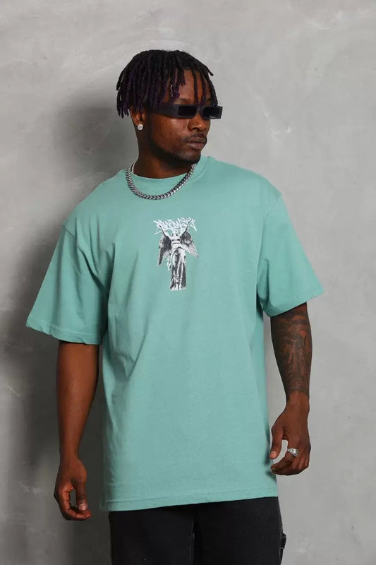 Unisex Oversize Baskılı Bisiklet Yaka T-Shirt - Mint Yeşili