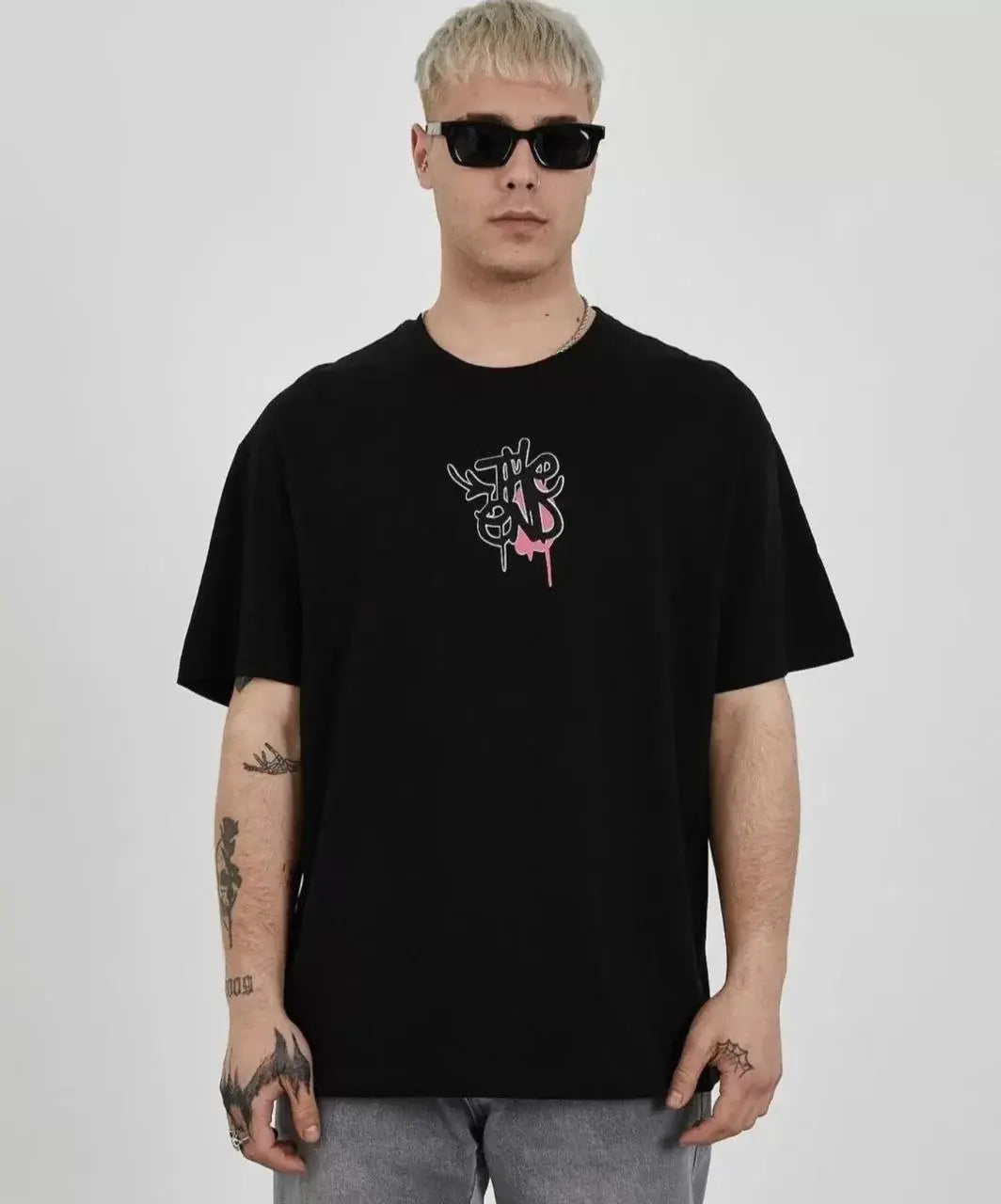 Unisex Bisiklet Yaka Baskılı Oversize T-Shirt - Siyah