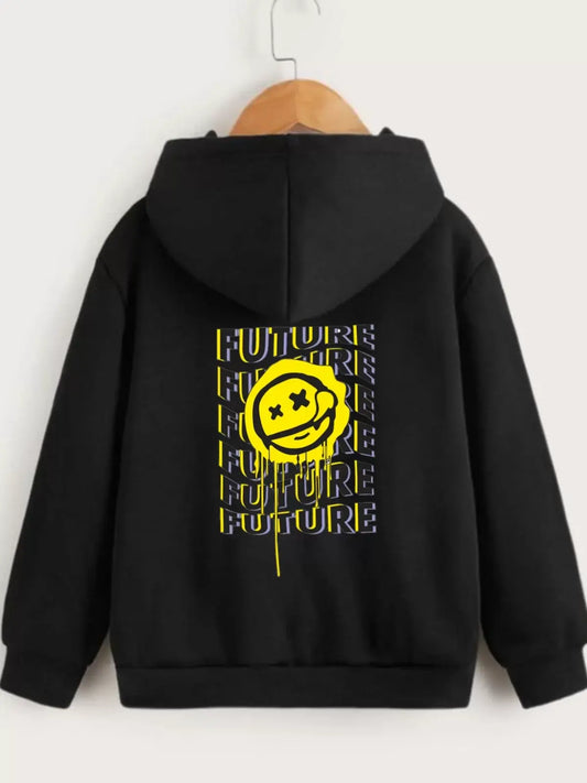 Çocuk Unisex Kapüşonlu Ön ve Arka Emoji Baskılı Sweatshirt - Siyah