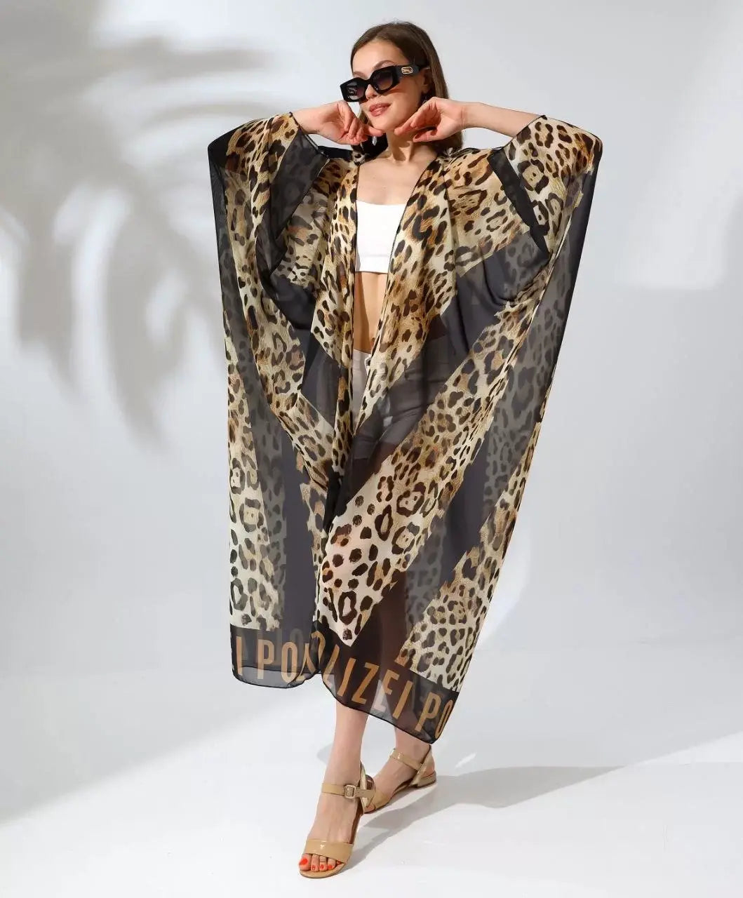 Kadın Rahat Kesim Kemerli Şifon Kimono - Leopar