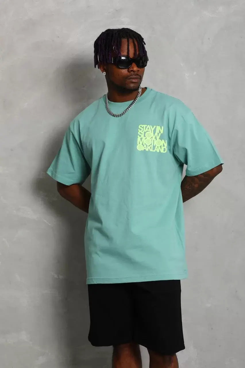 Unisex Oversize Baskılı Bisiklet Yaka T-Shirt - Mint Yeşili