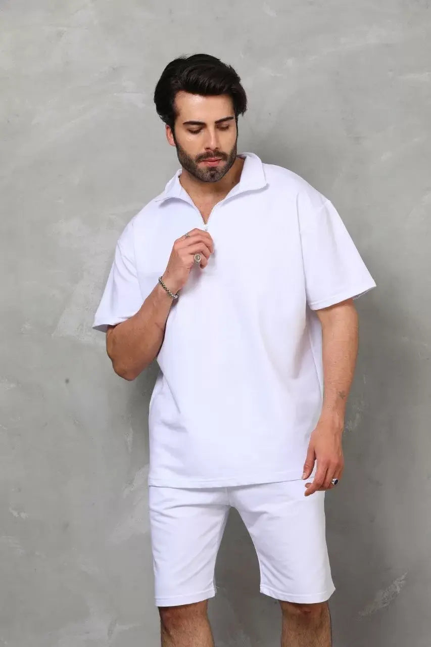 Unisex Yakalı Fermuarlı Oversize T-Shirt Şortlu Takım - Beyaz