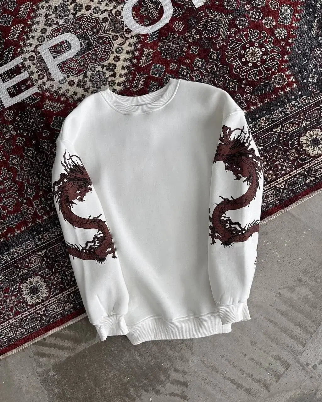 Kışlık Bisiklet Yaka Baskılı SweatShirt - Beyaz