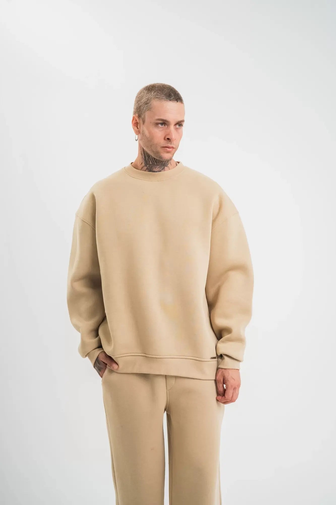 Uzun Kol Bisiklet Yaka Basic SweatShirt - Bej