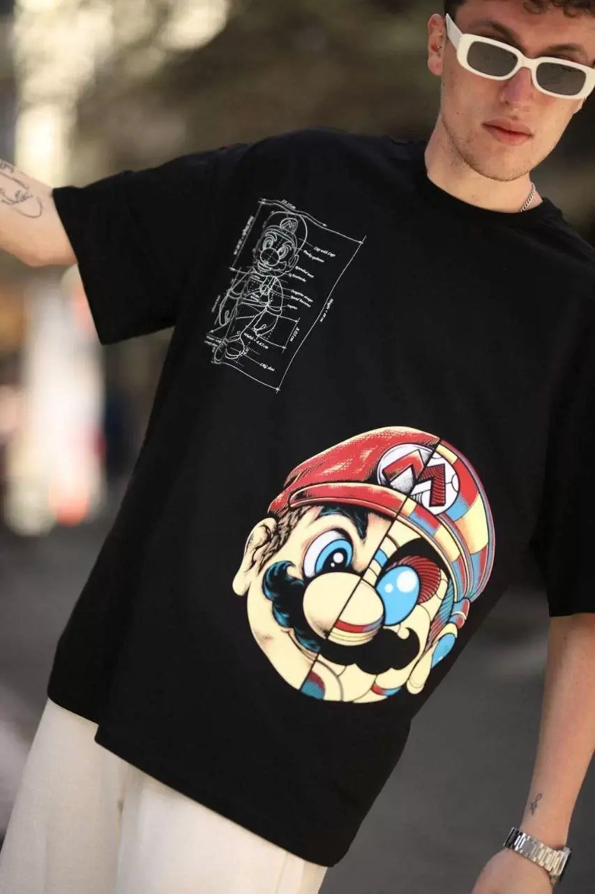 Erkek Mario Baskılı Oversize T-Shirt - Siyah