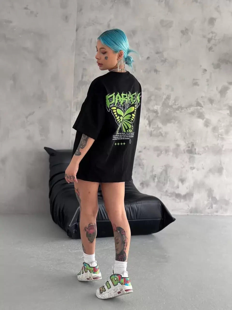 Unisex Bisiklet Yaka Baskılı Cepli Oversize T-Shirt - Siyah