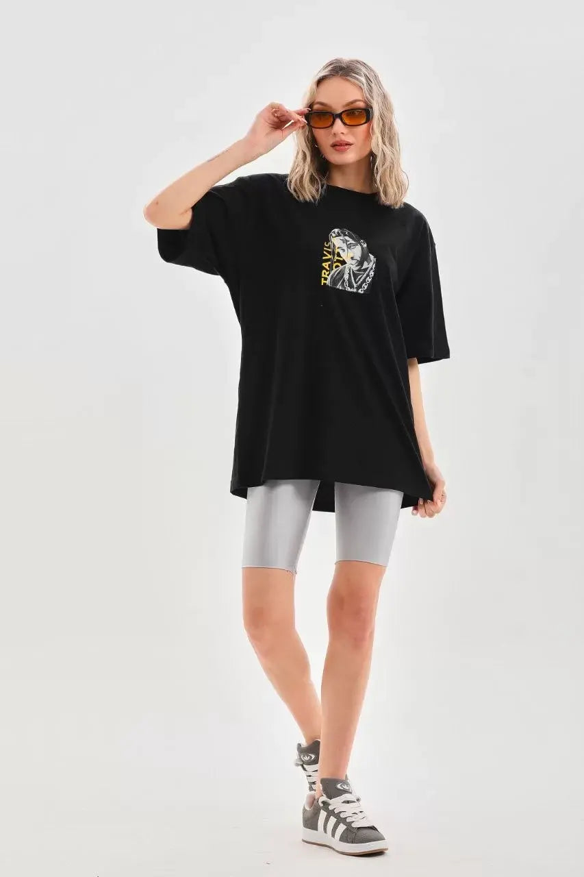 Unisex Baskılı Oversize T-Shirt - Siyah