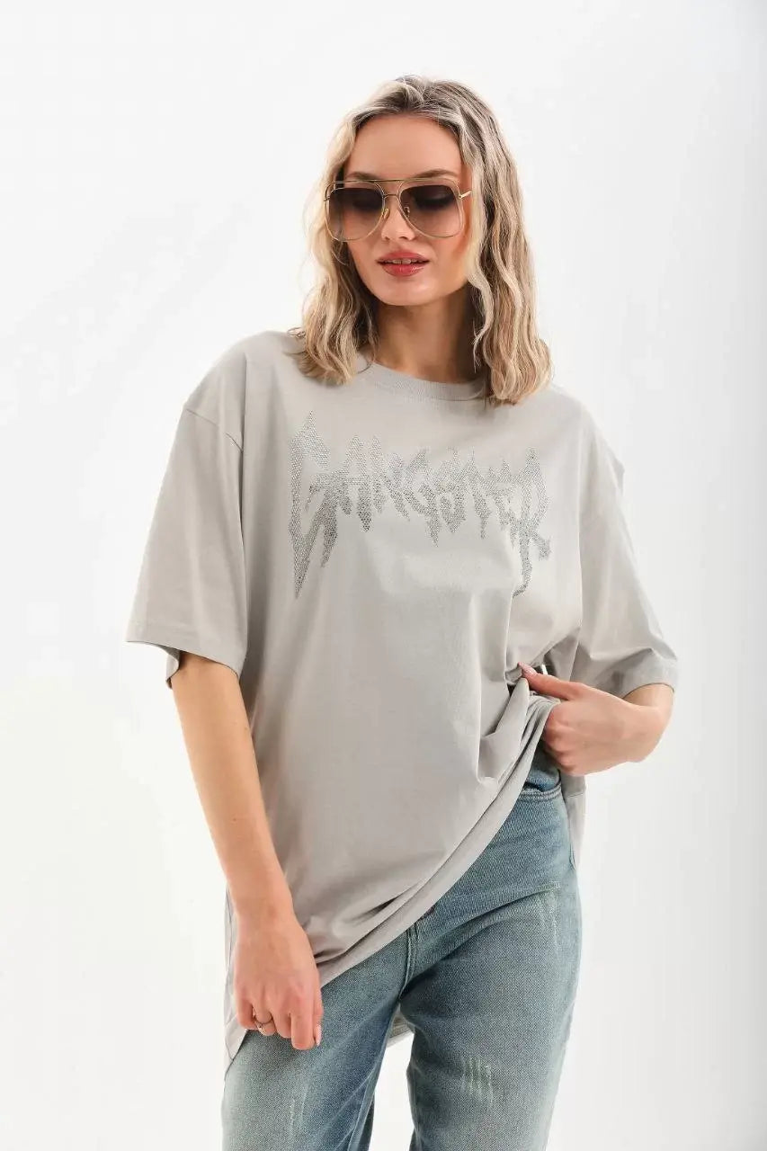 Unisex Taş Desenli Oversize T-Shirt - Gri