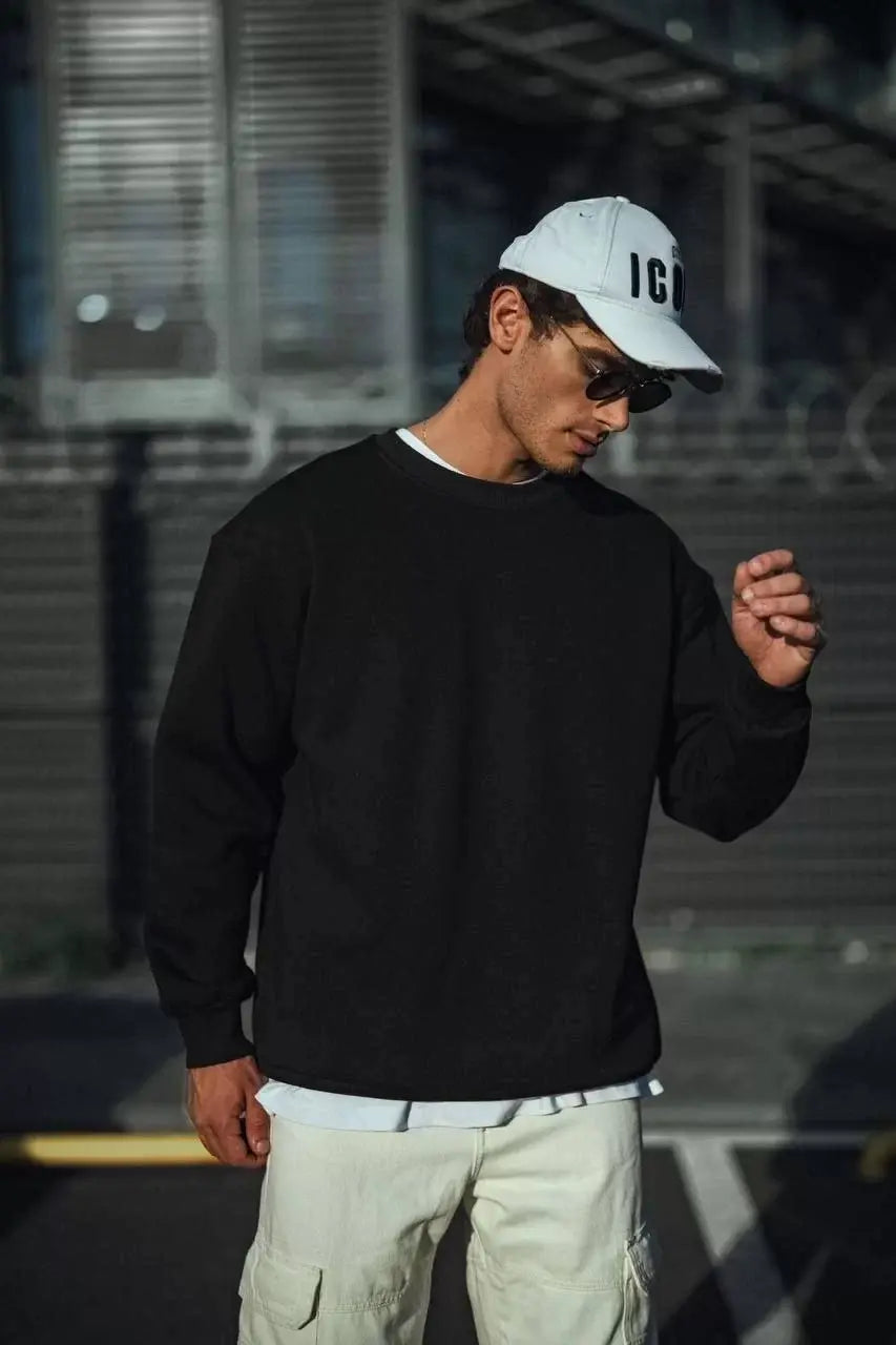 Kışlık Bisiklet Yaka Üç İplik Basic SweatShirt - Siyah