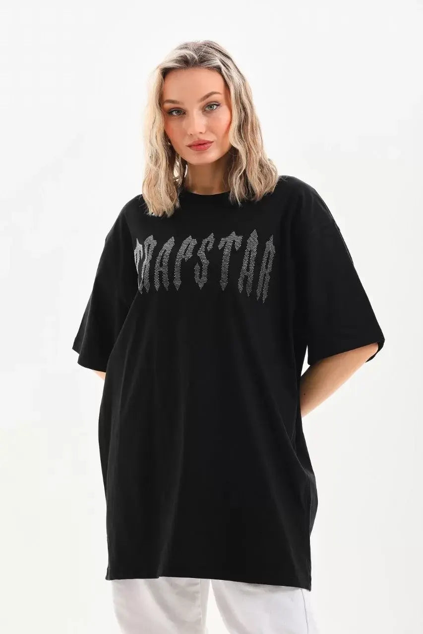 Unisex Taş Desenli Oversize T-Shirt - Siyah