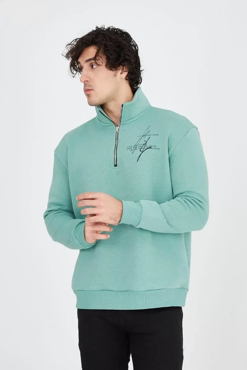 Erkek Yarım Fermuarlı Baskılı Sweat - Mint Yeşili