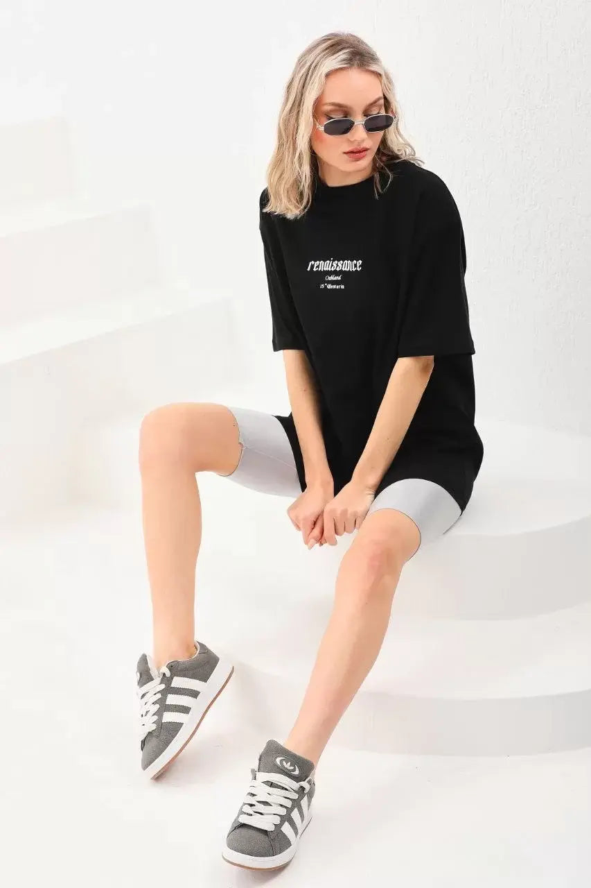 Unisex Baskılı Oversize T-Shirt - Siyah