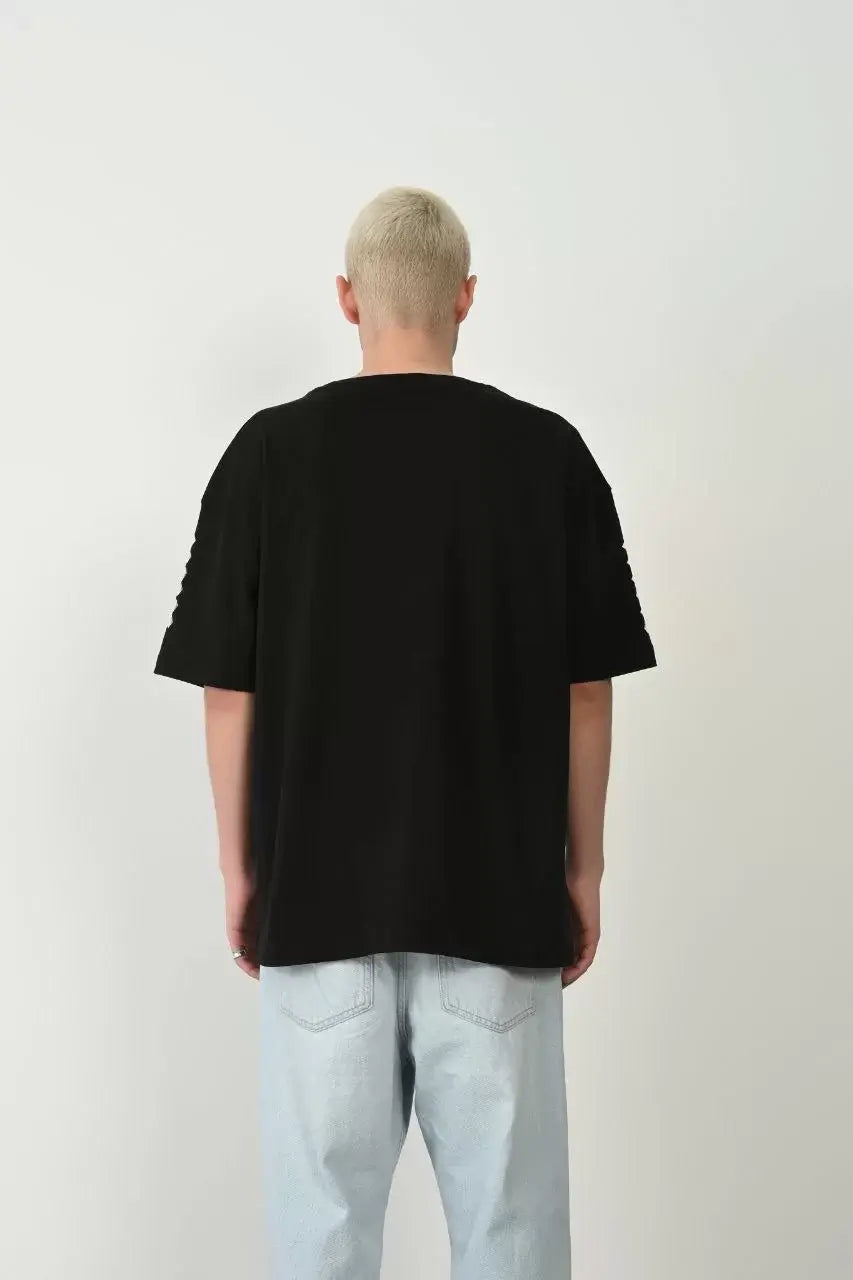 Unisex Baskılı Bisiklet Yaka Oversize T-Shirt - Siyah