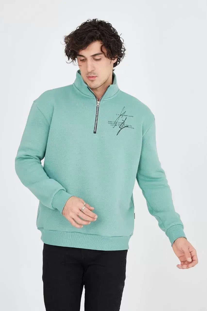 Erkek Yarım Fermuarlı Baskılı Sweat - Mint Yeşili